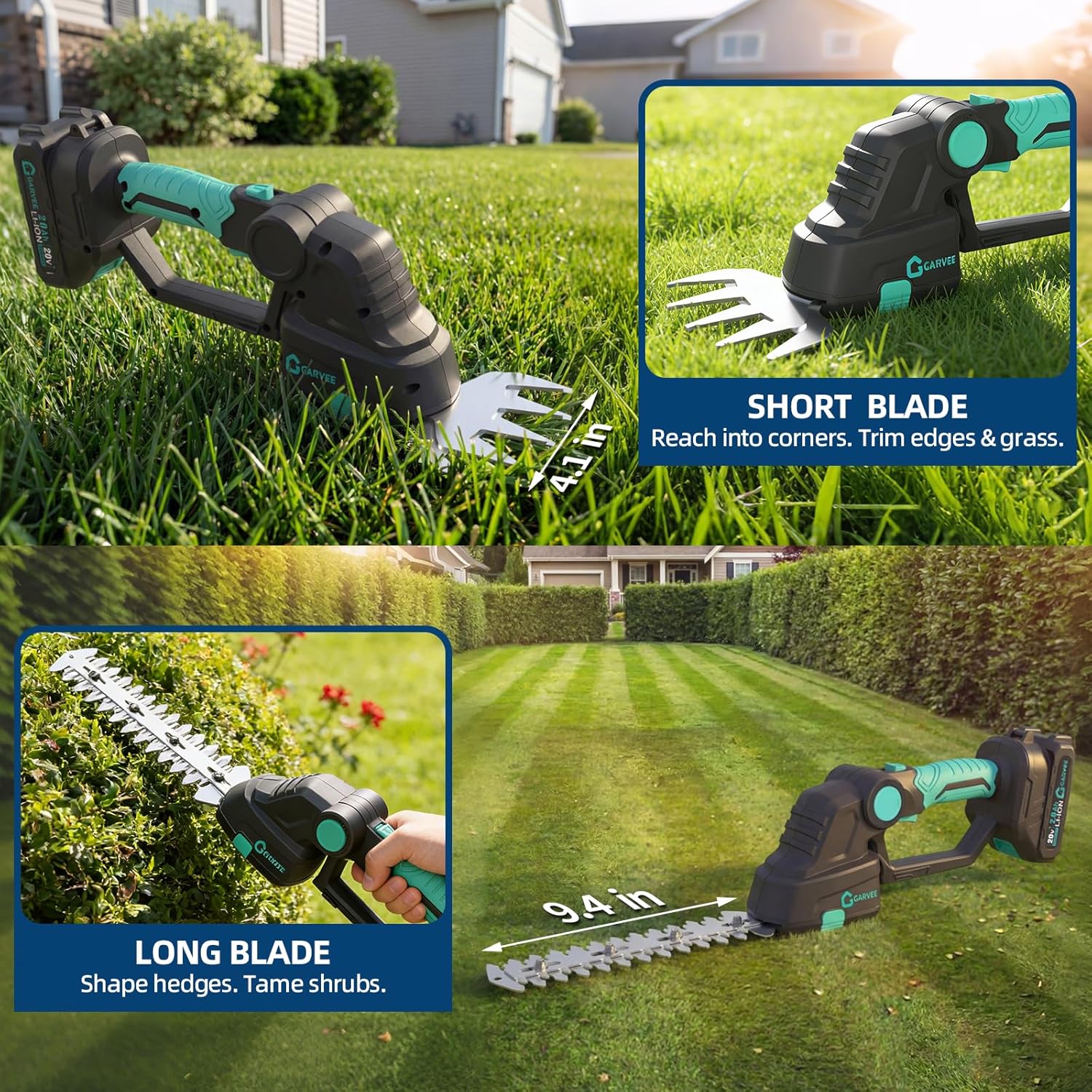 20V Cordless Hedge Trimmer, 2 in 1 Electric Bush Trimmer, Handheld Grass Shear with 2×2.0Ah Rechargeable Batteries &