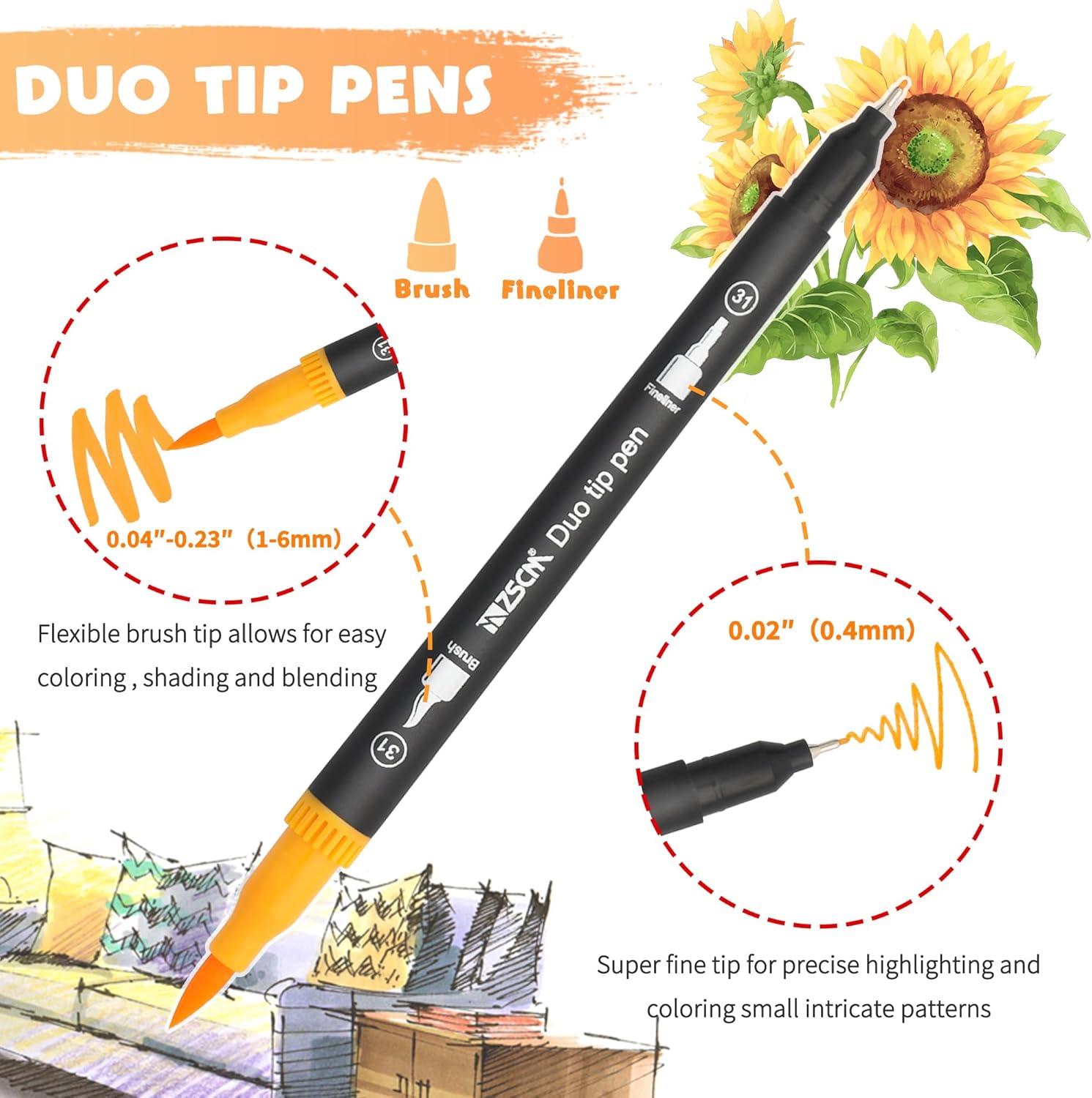 ZSCM 32 Colors Duo Tip Brush Markers Art Pen Set, Artist Fine and Brush Tip Colored Pens