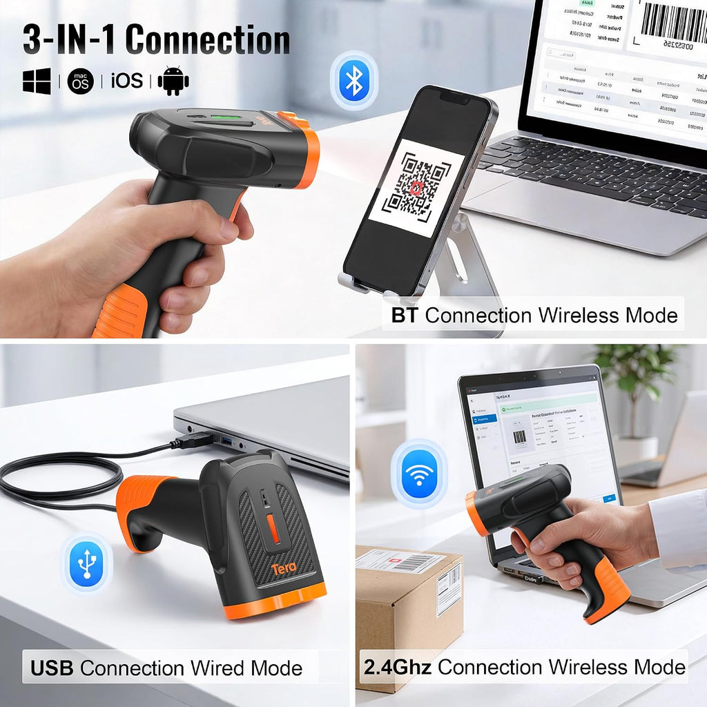 Barcode Scanner Wireless Handheld: 1D 2D QR Li-Polymer 2200mAh, D5300 | 640*480 Global CMOS, BT 2.4G Wireless, USB