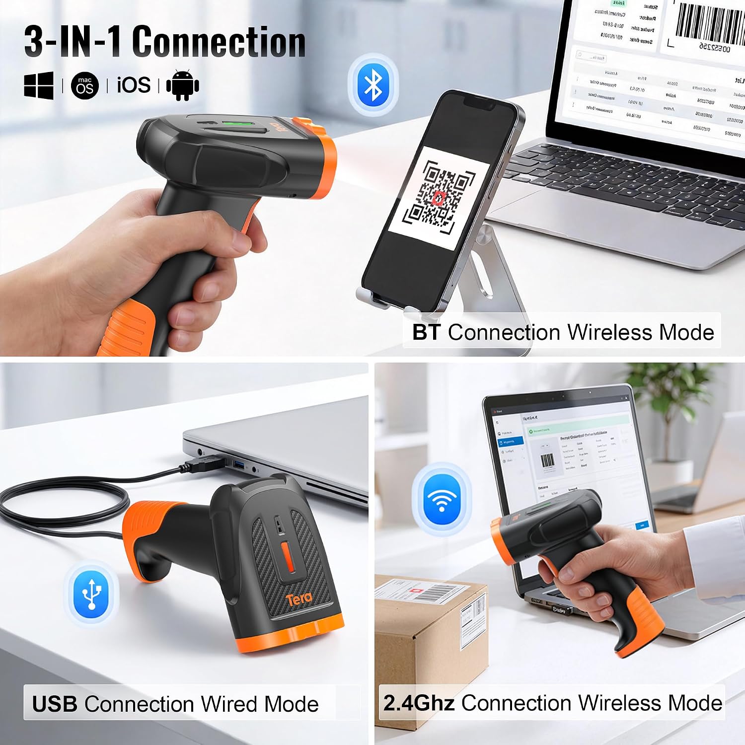 Barcode Scanner Wireless Handheld: 1D 2D QR Li-Polymer 2200mAh, D5300 | 640*480 Global CMOS, BT 2.4G Wireless, USB