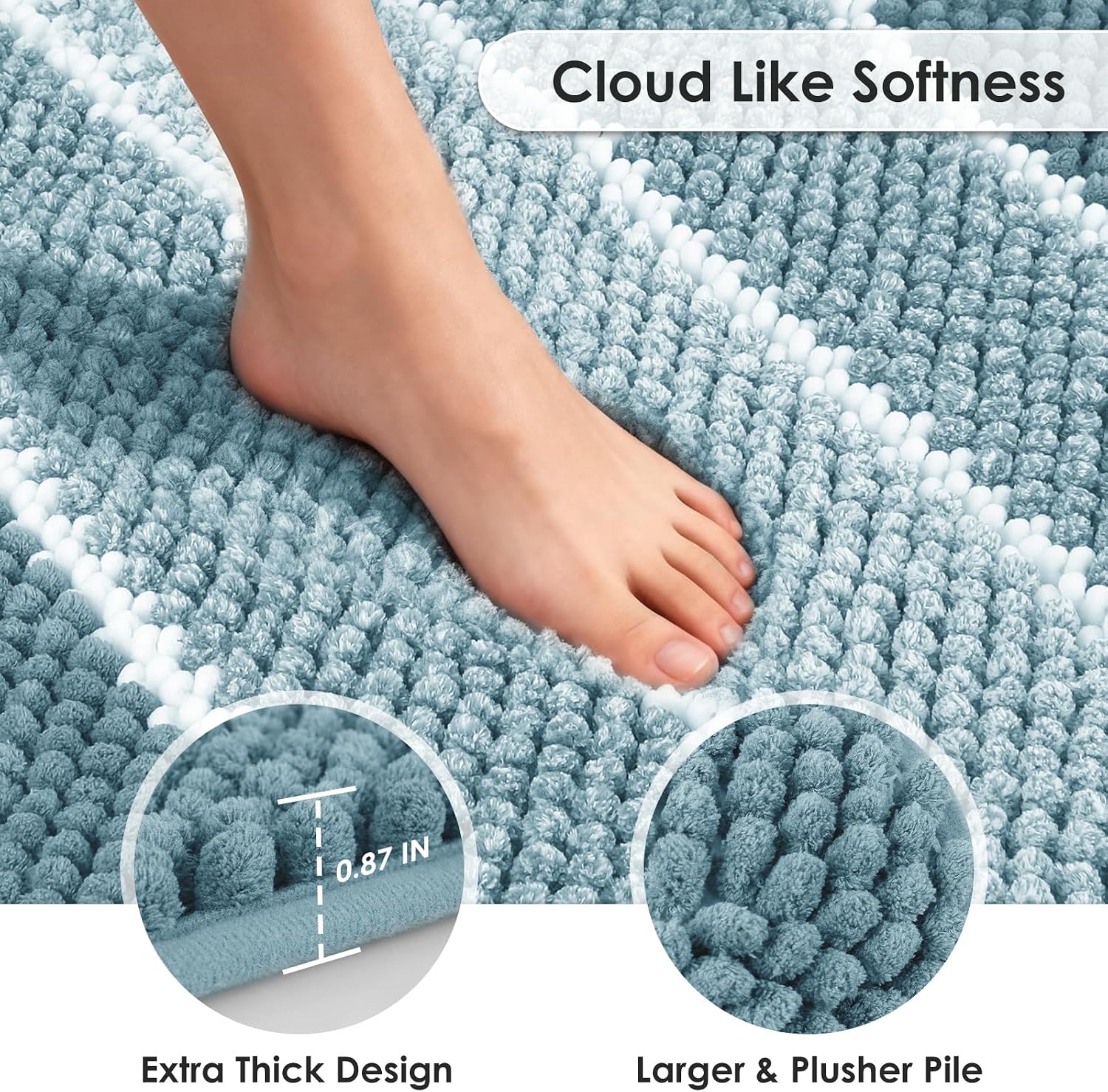 Chenille Bathroom Rugs 3 Pieces, Blue, 17"×24", 20"×32", 20"×24" | Extra Thick Absorbent Non-Slip Bath Mats with