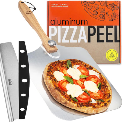 Pizza Peel with Cutter - 12 x 14-inch Metal Turning Peel, 14'' Pizza Cutter with Blade Cover - Premium Pizza Spatula