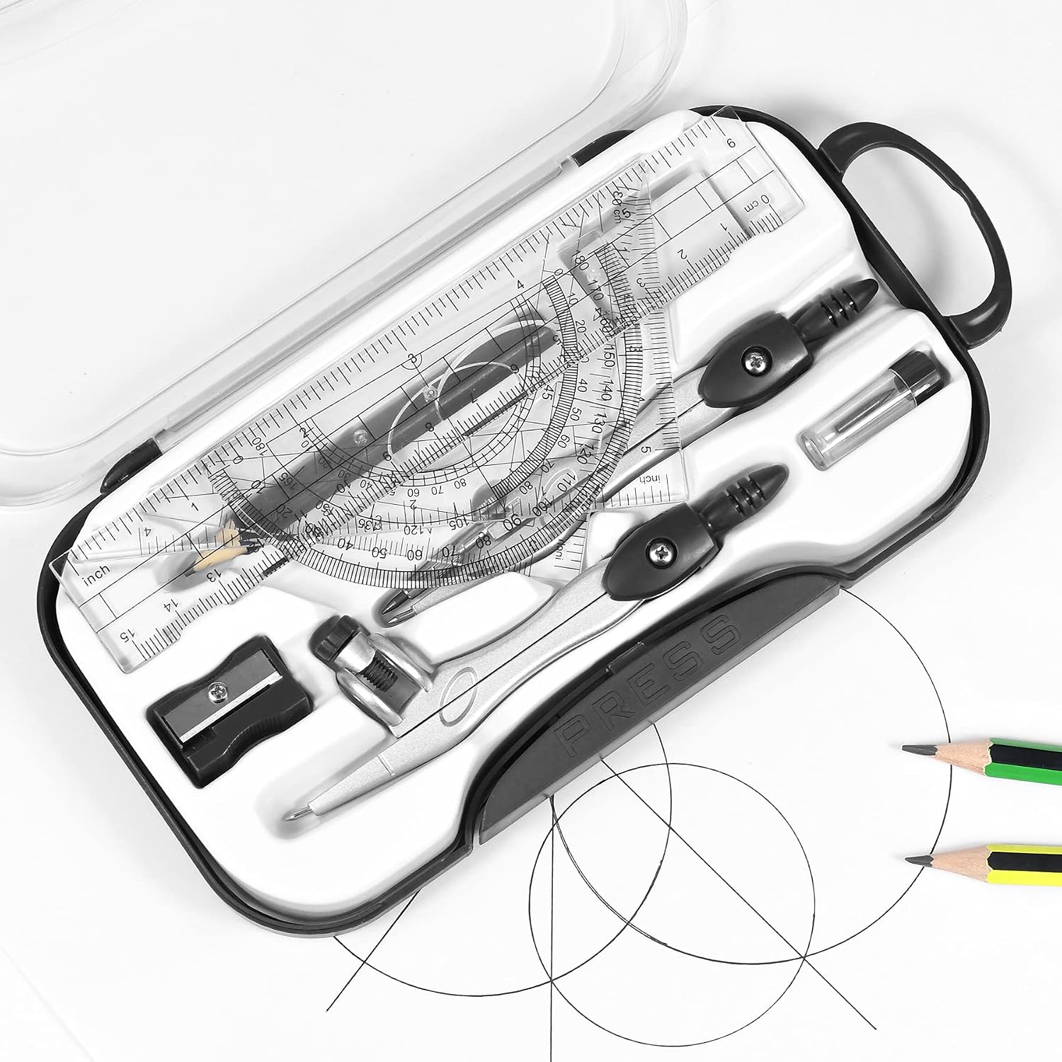 Geometry Sets 10 Pcs Student Supplies, Protractor and Compass (Black) | Shatterproof Storage