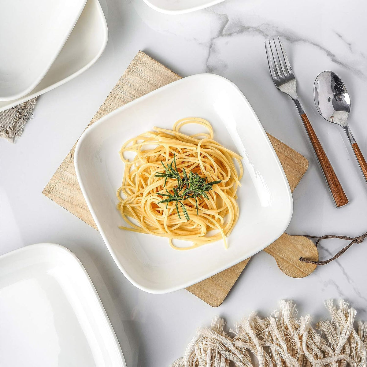 Porcelain 8-inch Square Dinner Plates, Pasta Salad Bowls, Set of 6, White