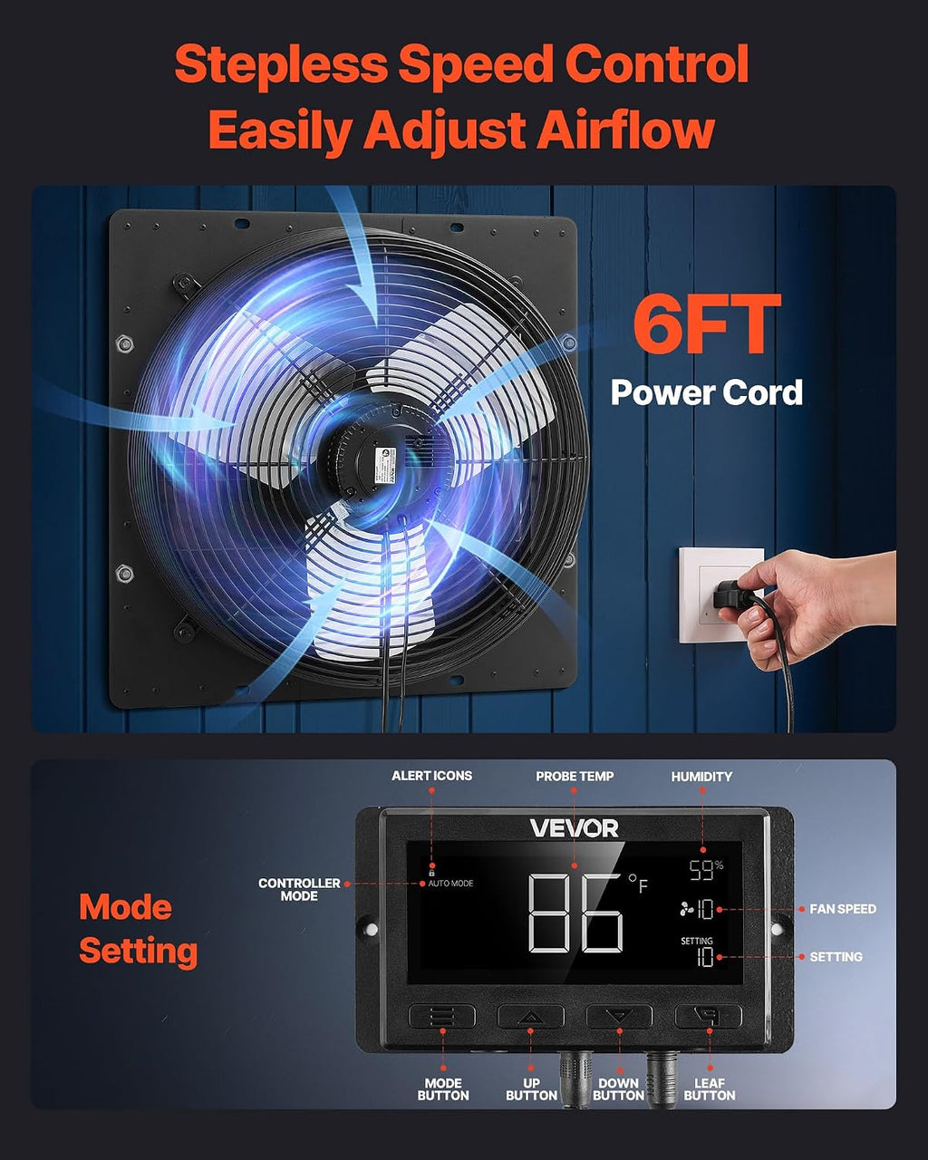 VEVOR 16 inch Exhaust Fan, Wall Mounted Attic Fan with Variable Speed, Temperature & Humidity Controller, 3000 CFM, Automatic Shutter