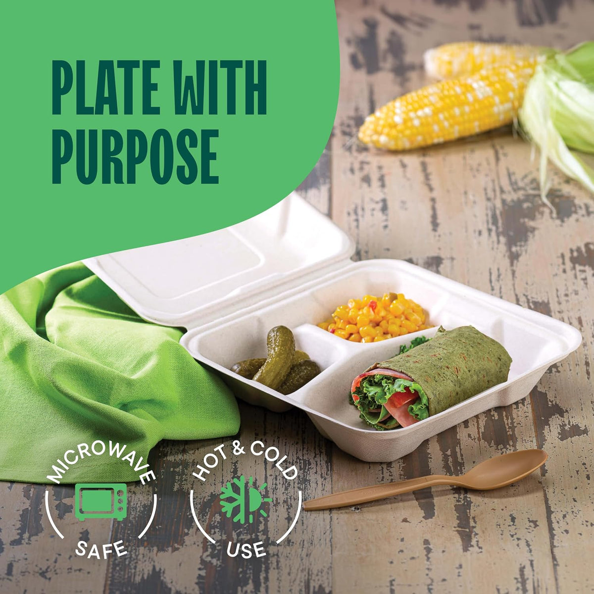 100% Compostable Clamshell Take Out Food Containers [8X8" 3-Compartment 50-Pack] Heavy-Duty Quality to go Containers