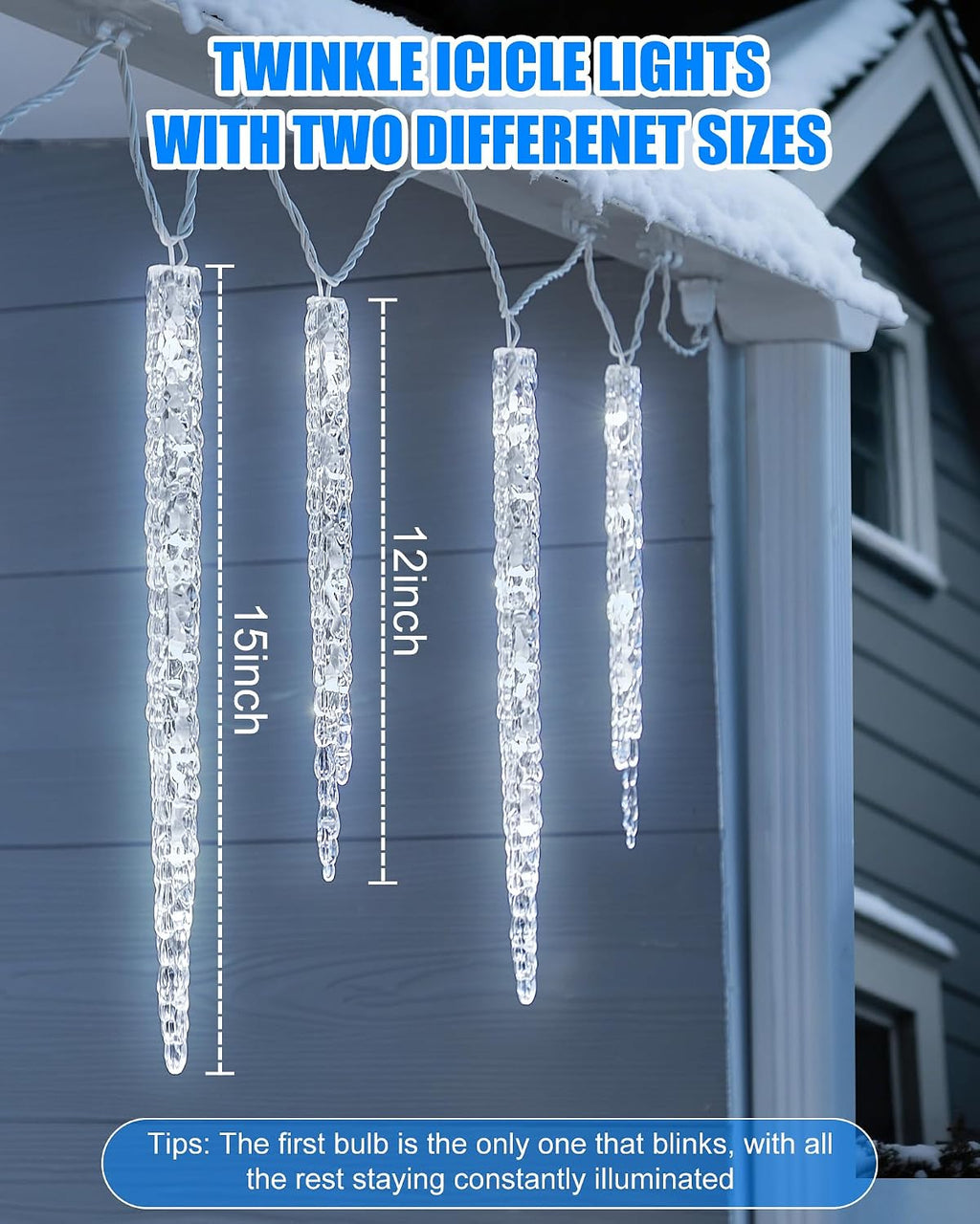 Icicle Lights Outdoor with Clips, 20ft 100 LED 20 Tubes Twinkling White Christmas String Lights, Connectable