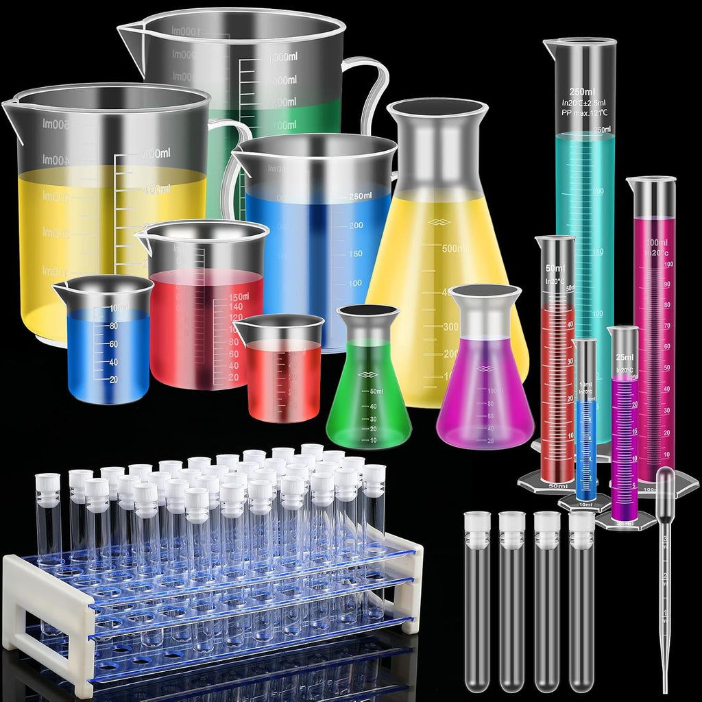 40 Pcs Plastic Test Tubes with Rack Plastic Beakers Lab Party DIY | 5 Graduated Cylinders, 6 Beakers, 3 Flasks, 10