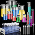 40 Pcs Plastic Test Tubes with Rack Plastic Beakers Lab Party DIY | 5 Graduated Cylinders, 6 Beakers, 3 Flasks, 10