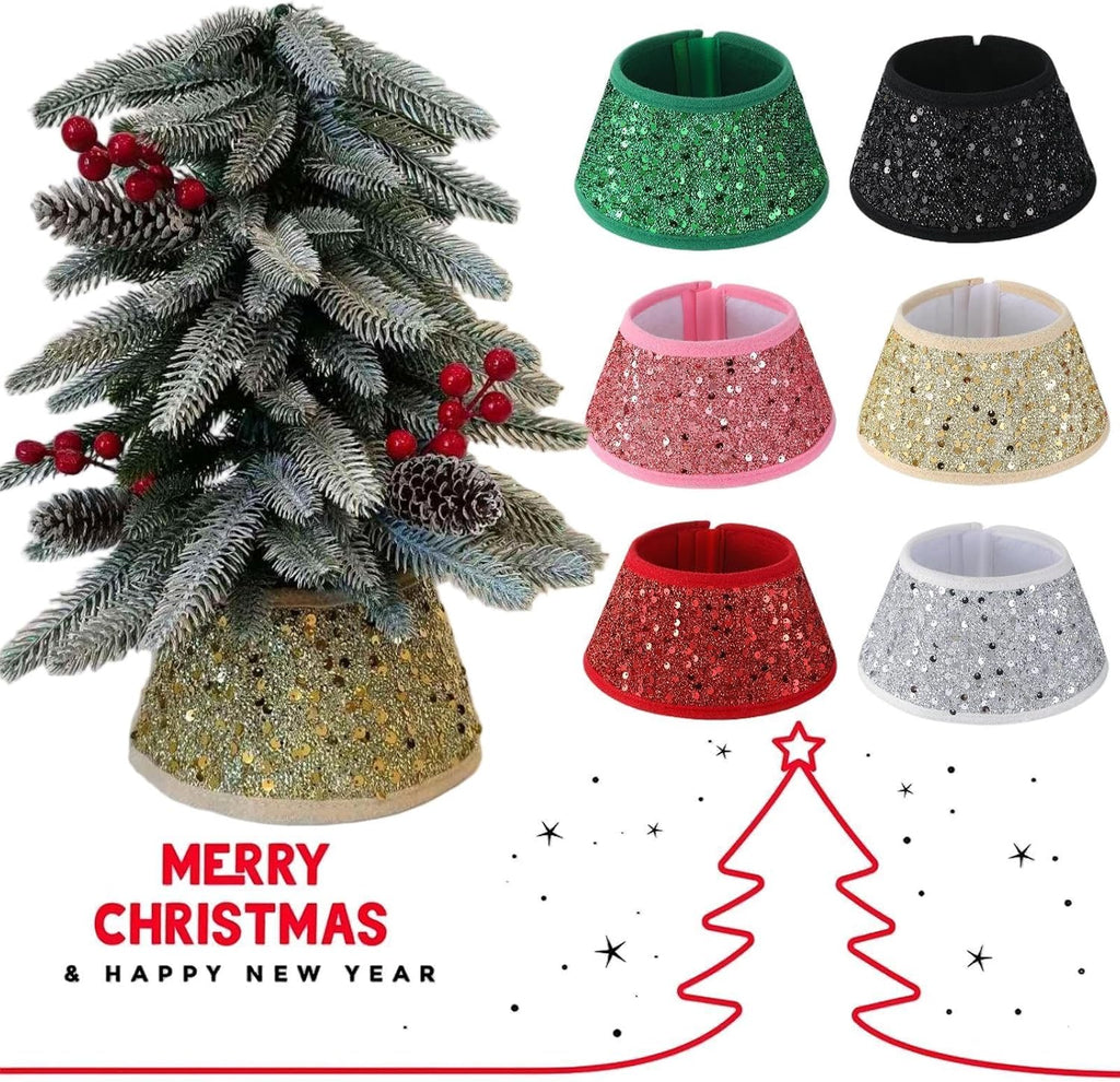 Mini Glitter Christmas Tree Collar,Sequin Tree Skirt Base Cover | 7.5 Inch Sequin Rustic Tree Skirt Base Cover for