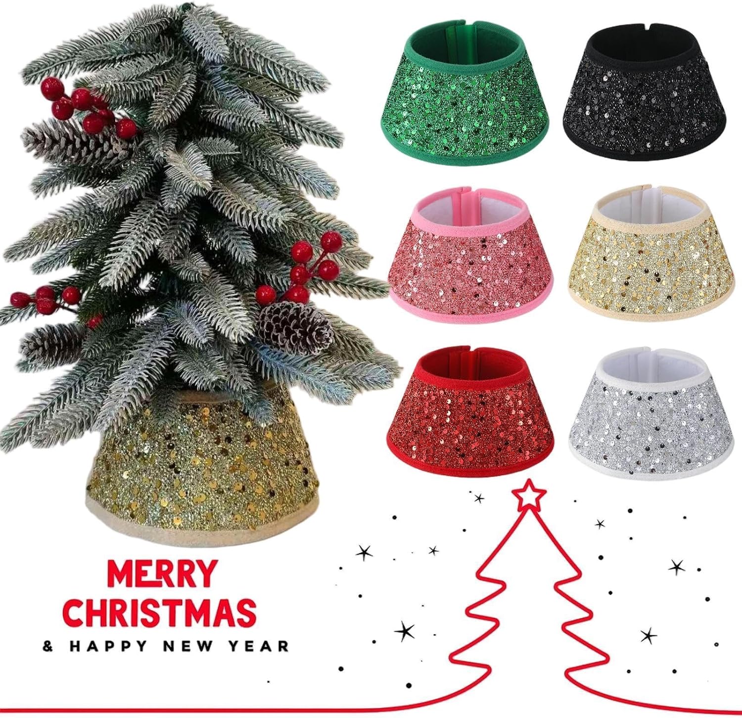Mini Glitter Christmas Tree Collar,Sequin Tree Skirt Base Cover | 7.5 Inch Sequin Rustic Tree Skirt Base Cover for