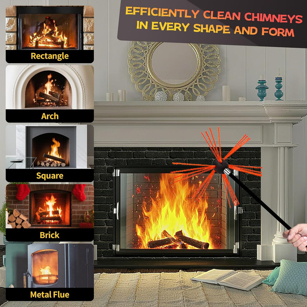 23 Feet Chimney Sweep Kit, Chimney Cleaning Kit with 7 Flexible Black Chimney Rods, Rotary Chimney Cleaning System