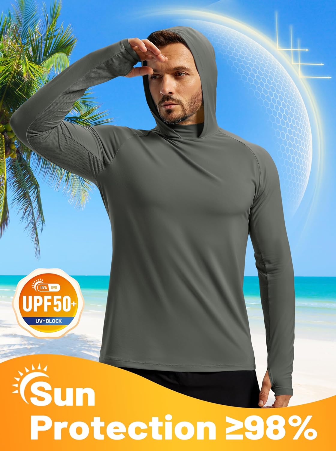 Men's UV Hoodies Long Sleeve Sun Rash Guard Fishing Swim Shirts | Long Sleeve, Fishing Shirts, Sun Protection, Dry