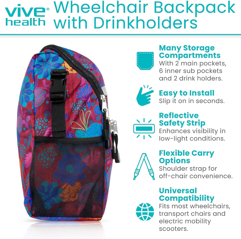 Wheelchair Bag - Premium Backpack w/Cup Holder - Wheelchair Accessories for Seniors & Adults - Adjustable