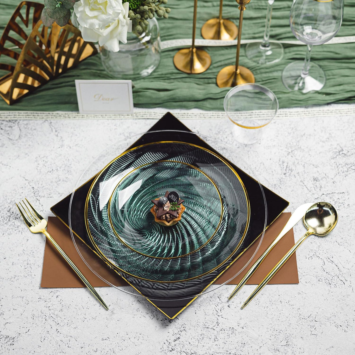 180PCS Green Plastic Plates Gold Rim, Disposable Party Dinnerware Set