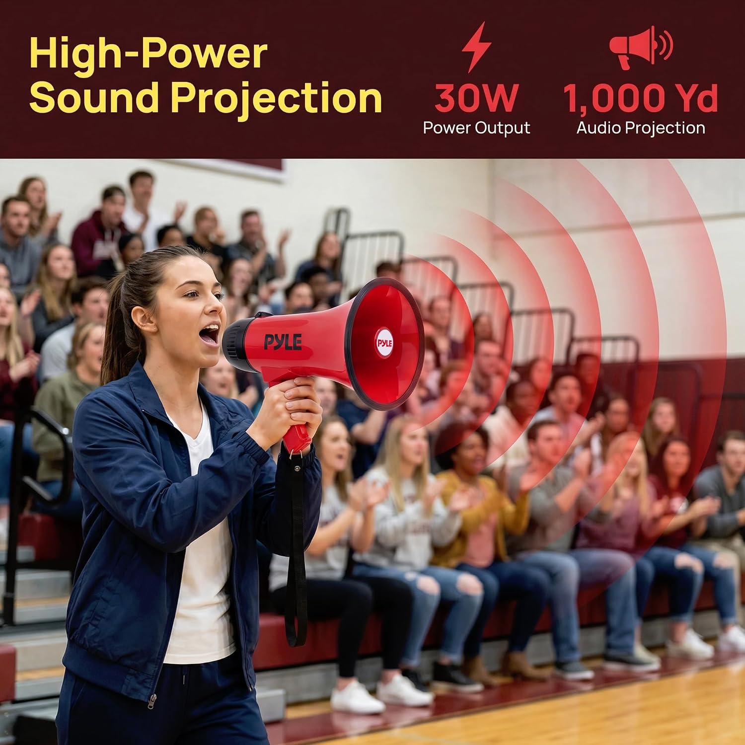 Rechargeable Bullhorn Megaphone with Voice Recording, AUX Input & Siren, USB-C Fast Charging, 1200-Yard Voice Range