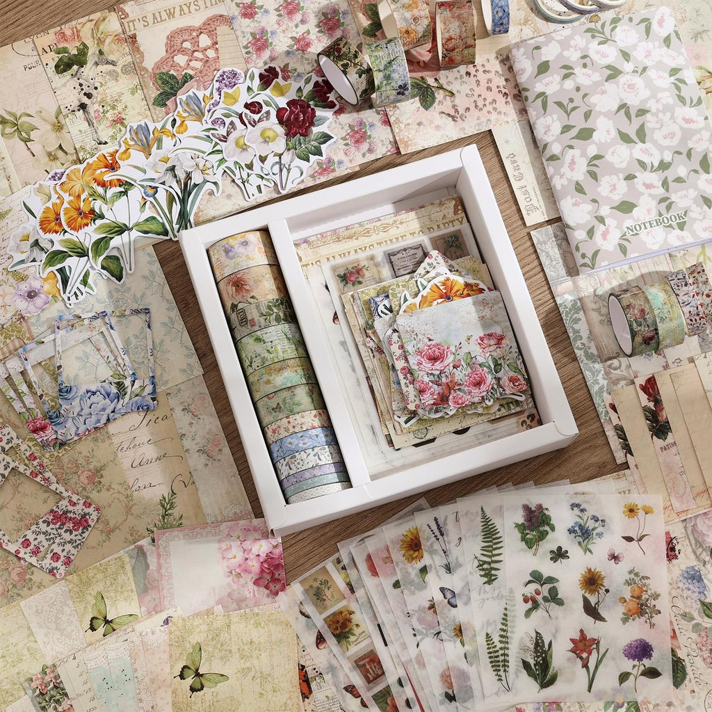 Vintage Botanical Scrapbooking Supplies Kit, Aesthetic Flower Scrapbook Kit for Bullet Junk Journal, 12 Rolls Washi