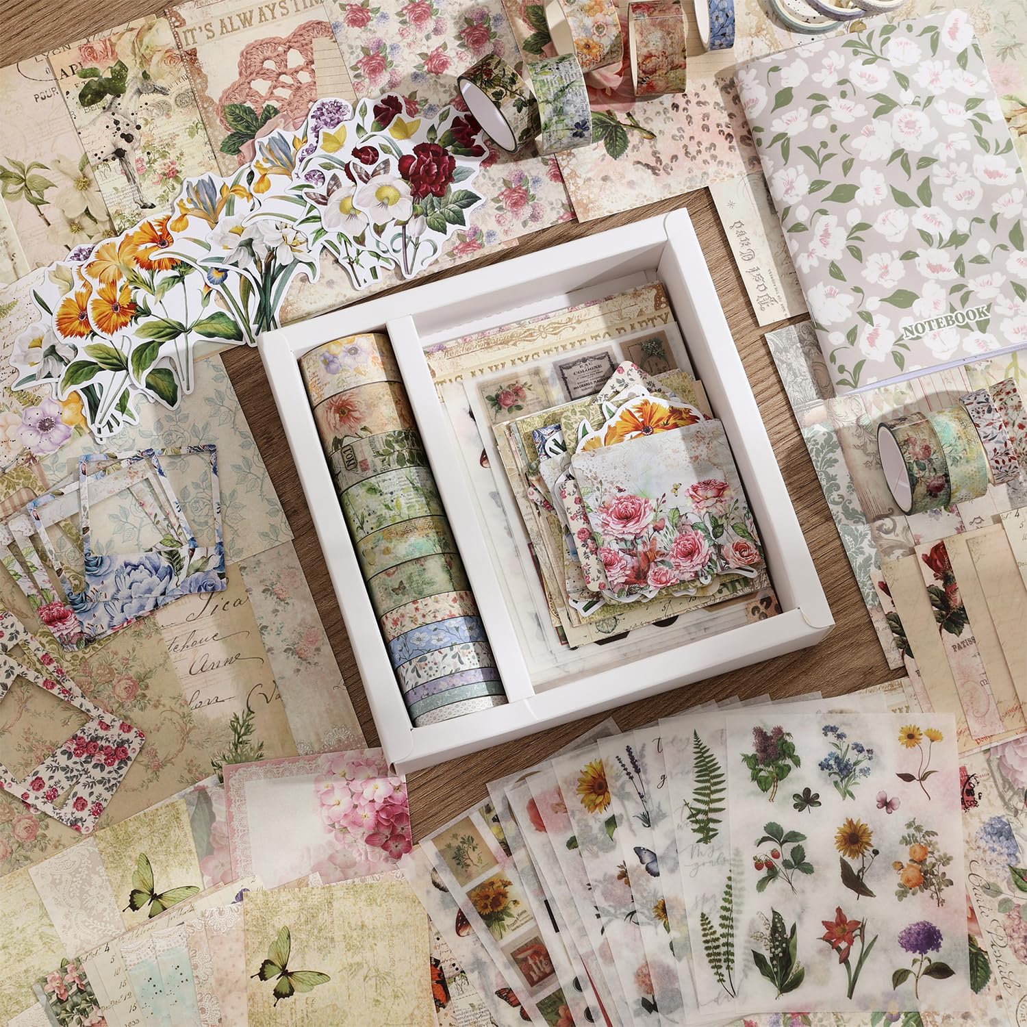 Vintage Botanical Scrapbooking Supplies Kit, Aesthetic Flower Scrapbook Kit for Bullet Junk Journal, 12 Rolls Washi