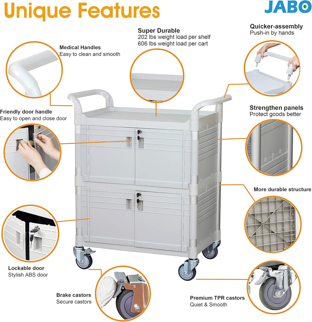 Equip Large Lockable Medical Cart 3 Shelf Hospital Cart Overall Size L34.43xD19.69 inch, JBG-3D2, 606 lbs Load Cap.