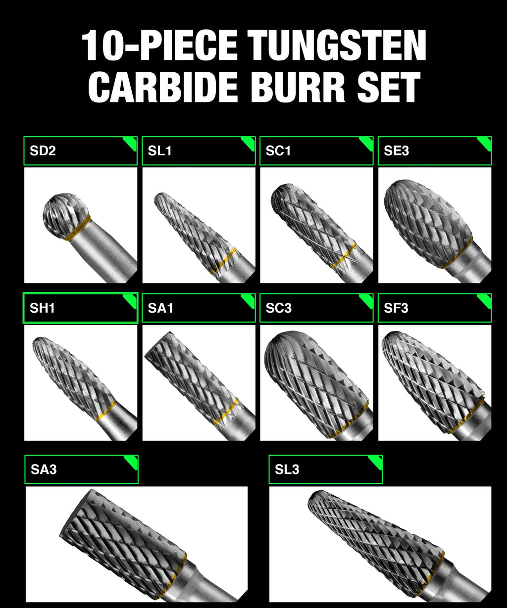 Carbide Burr Set 1/4" Shank 10-Pc 8mm Head with Clear Storage Box