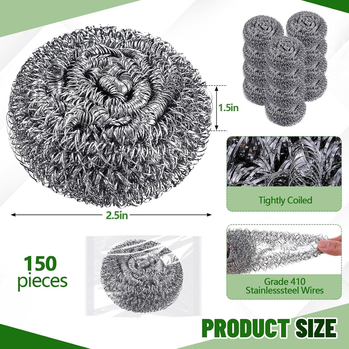 150 Pack Steel Wool Scrubbers 2.5 Inch, 15 Gram, Classic
