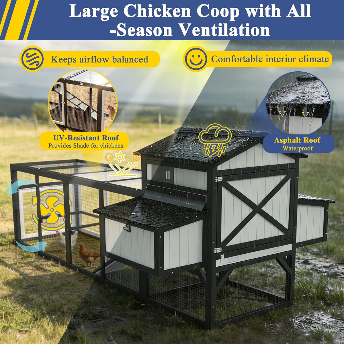 116" L Large Chicken Coop with Run for 4-6 Chickens