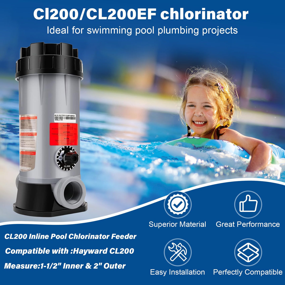 CL200 Inline Chlorinator Replacement for Hayward CL200EF Chlorine Feeder, Inground Pool Inline Automatic Chlorinator