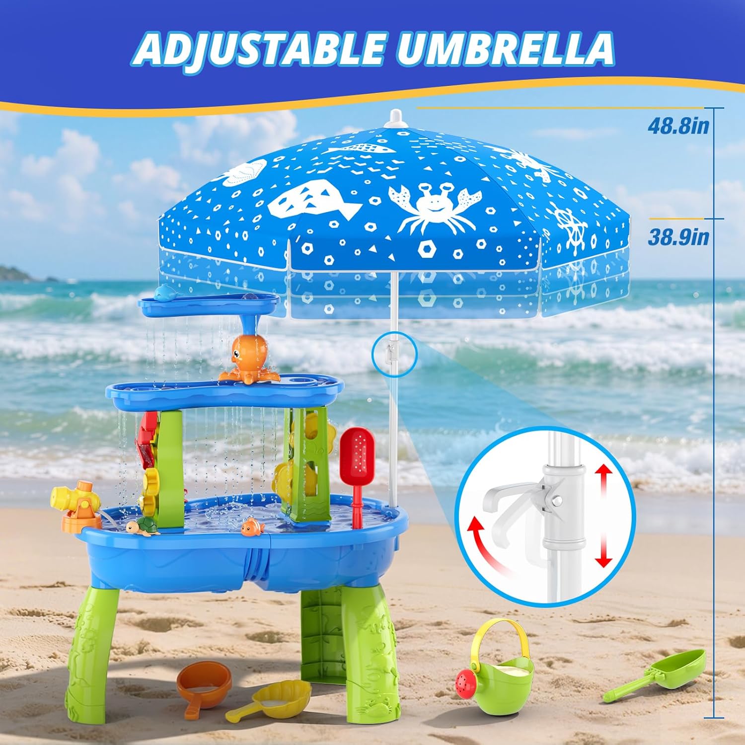 3-Tier Water Table for Toddlers, Kids Sand Water Table with Adjustable Umbrella, Sand Toys & Fishing Game, Sensory