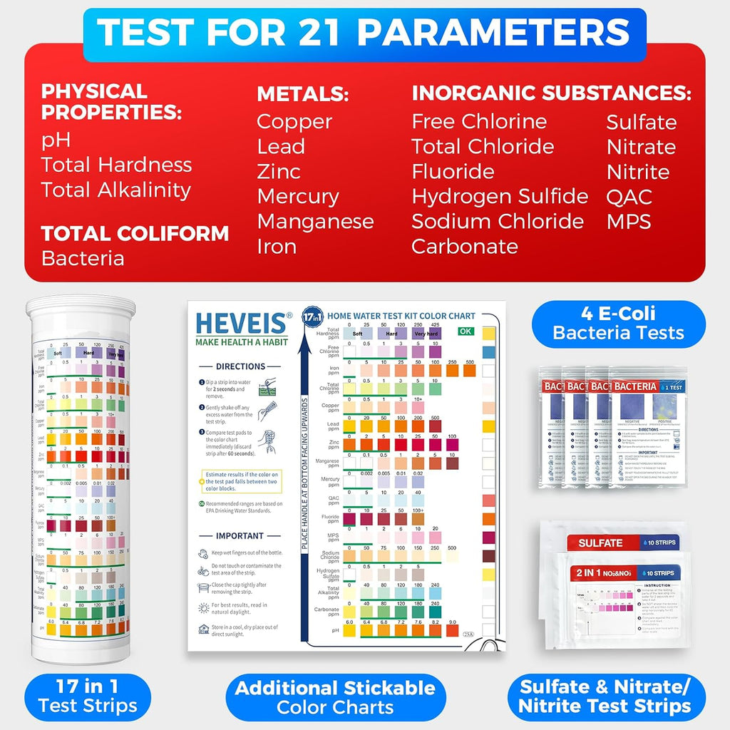 21-in-1 Home Drinking Water Testing Kit - 120 Strips + 4 Bacteria Tests - Tap and Well Water Test Kit, Easy to Test