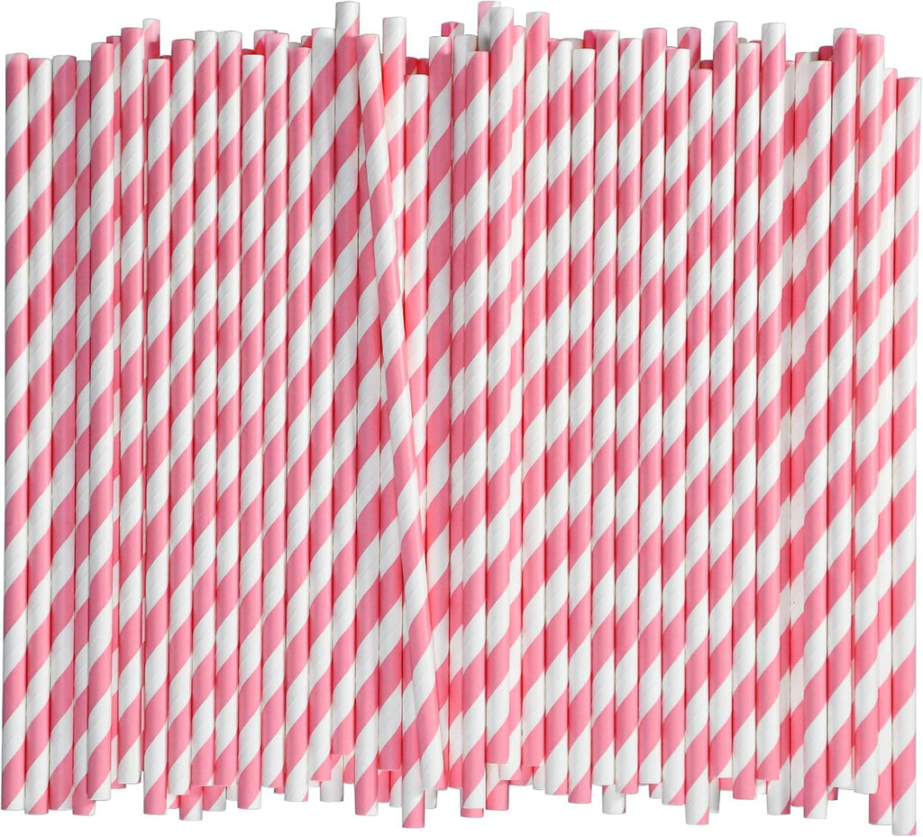 7.75" Pink and White Striped Paper Drinking Straws Bulk 1000 Ct