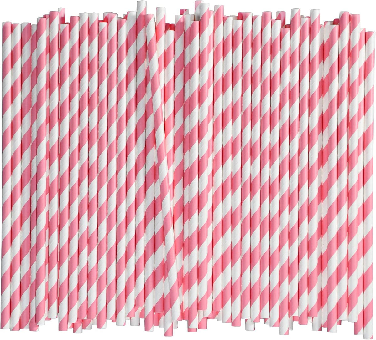 7.75" Pink and White Striped Paper Drinking Straws Bulk 1000 Ct
