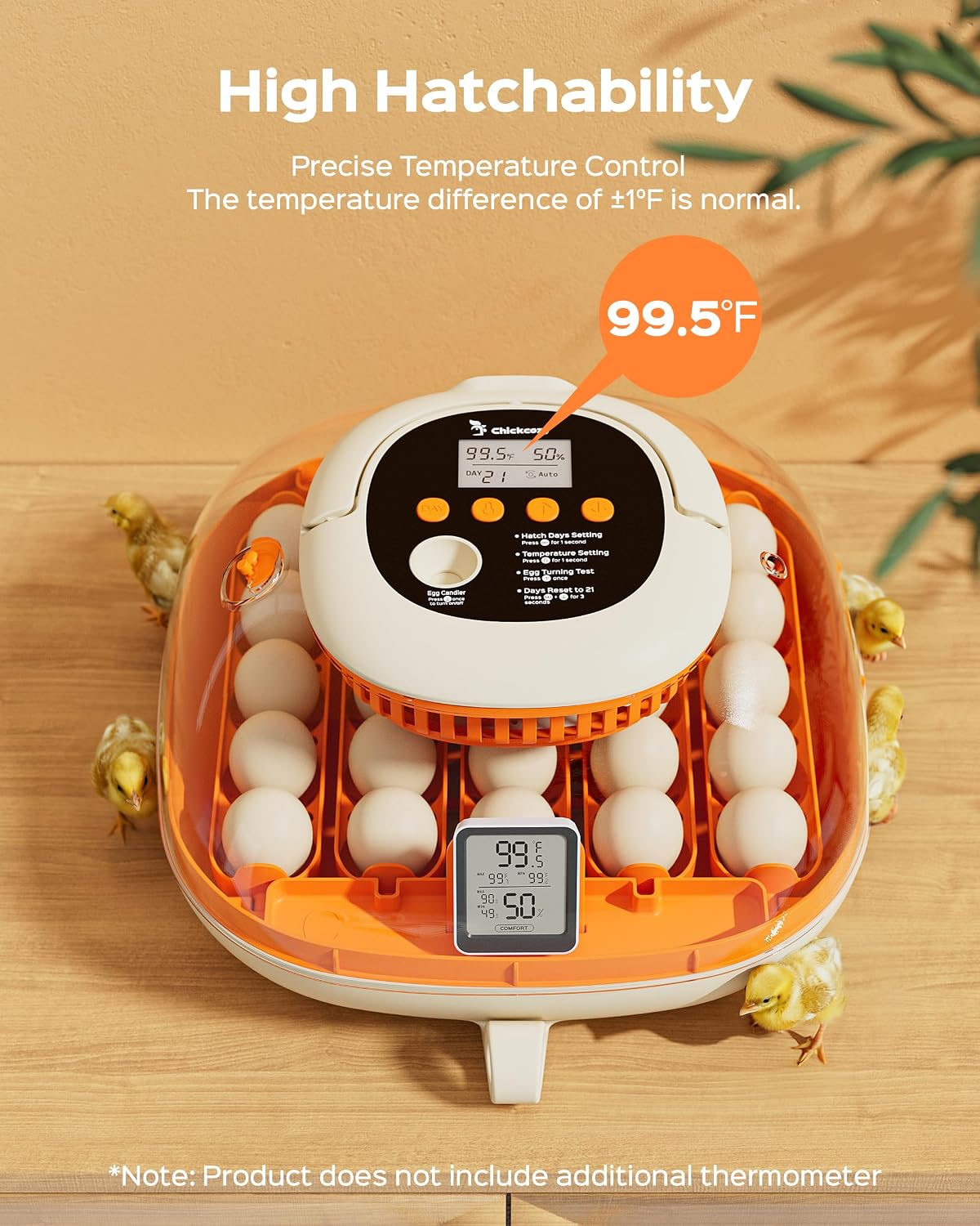 25 Egg Incubator, Automatic Egg Turner with Thermometer Seat and Humidity Control, Egg Candler, 360° View with Clear
