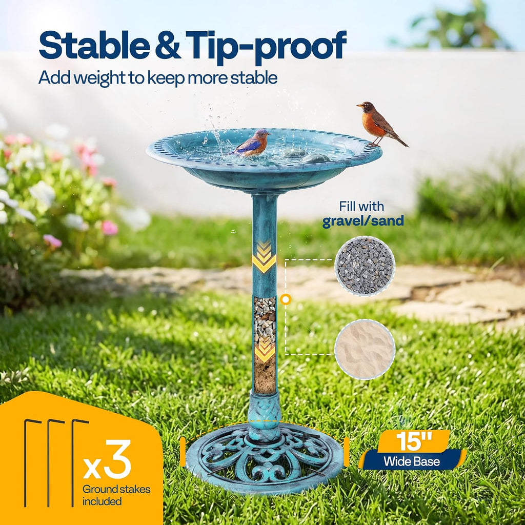 Bird Bath for Outside, Polyresin Pedestal Birdbath, Blue
