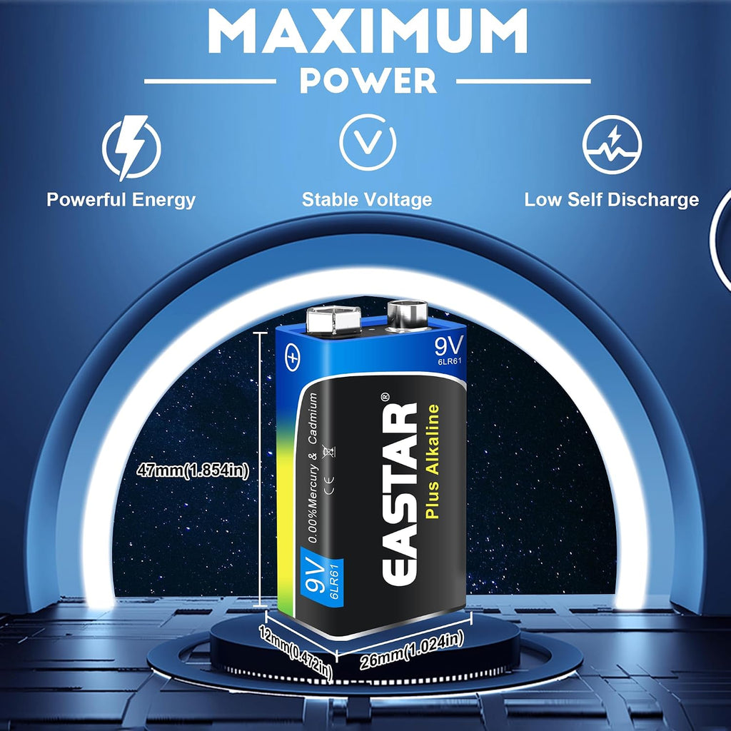 9V Batteries 2-Pack, Alkaline 9 Volt Battery with Long-Lasting Power, 10-Year Shelf Life 6LR61 Square Battery for