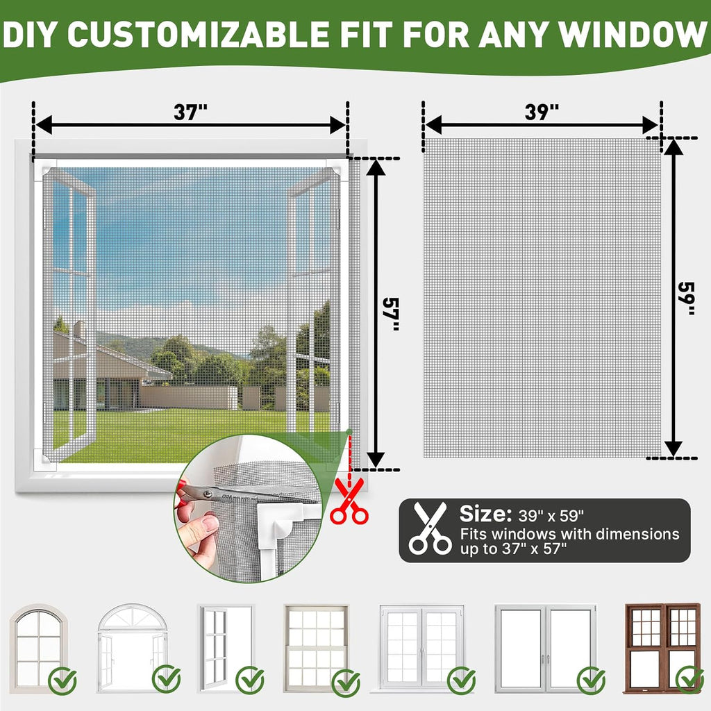 Adjustable Magnetic Window Screen Max 39" x 59", White Frame