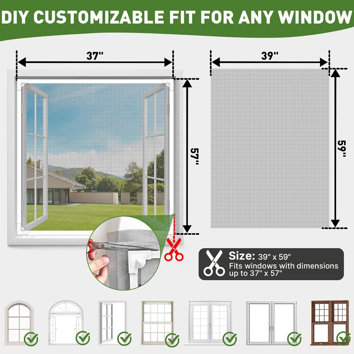 Adjustable Magnetic Window Screen Max 39" x 59", White Frame