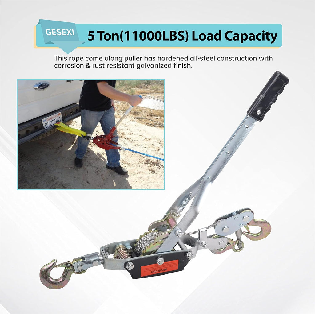 5 Ton Dual Gear Power Puller, Come Along Pulling Tool with 3 Hooks | Automotive Hoist Hand Winch Cable Puller