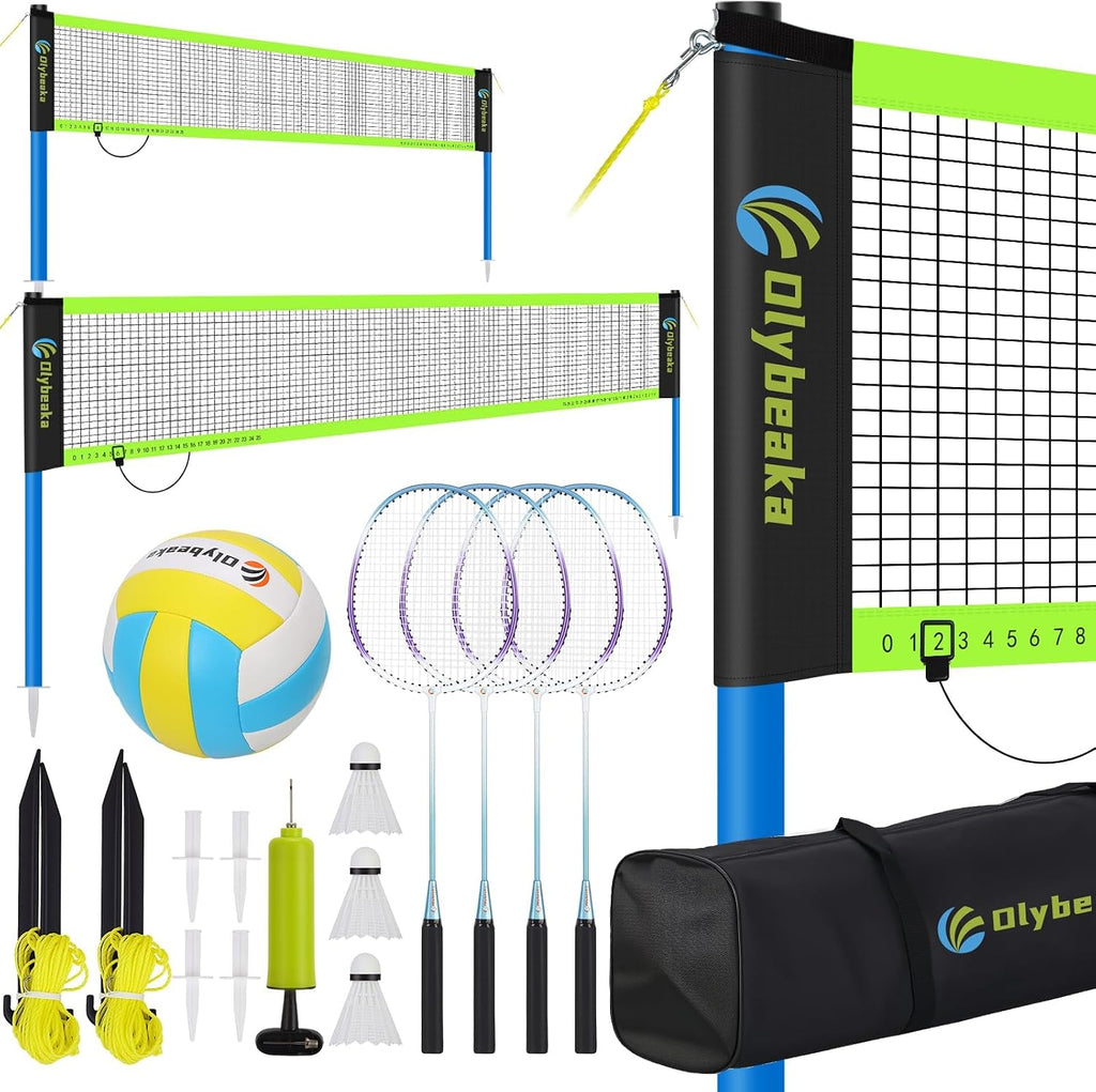Portable Volleyball & Badminton Combo Net Set with 2 Nets (20ft and 32ft) | Badminton Volleyball Net for Backyard