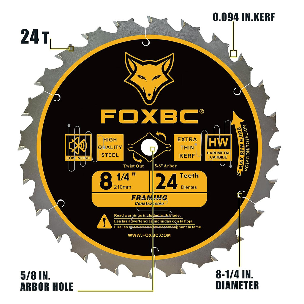 8-1/4 Inch Table Saw Blade 24 Tooth, 60 Tooth Wood Cutting with 5/8" Arbor, Diamond Knockout