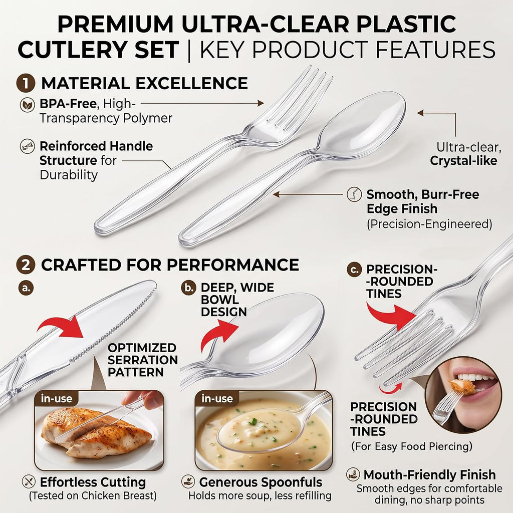 300 Count Extra Heavy Duty Plastic Silverware, Disposable Cutlery for Party