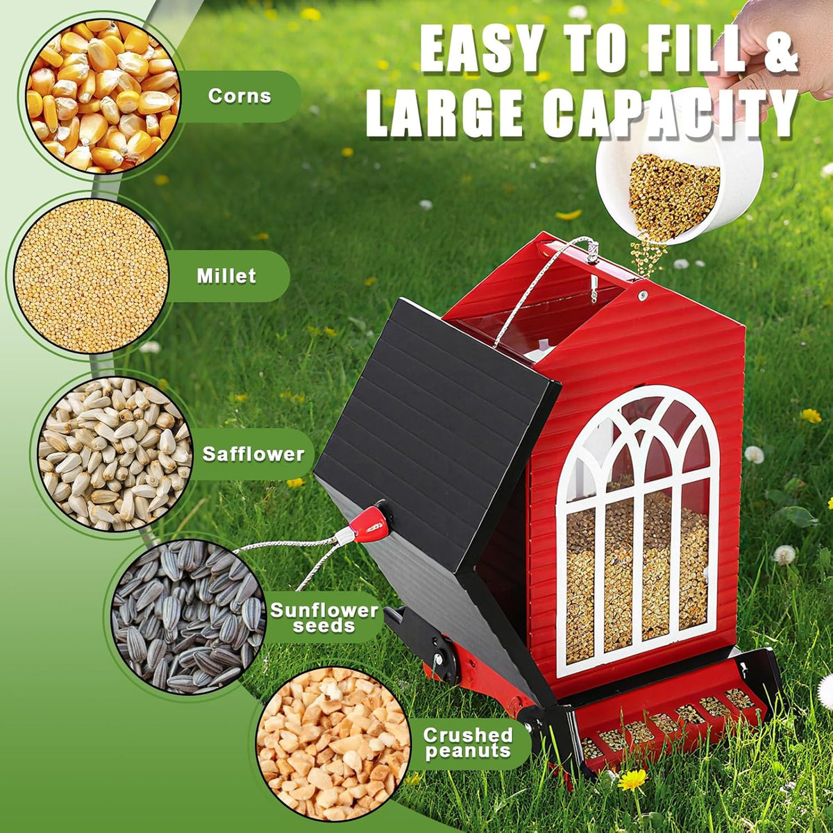 Squirrel Proof Bird Feeder for Outdoors,5LB Large Capacity,Metal Wild Bird Seed Feeder with Bilateral