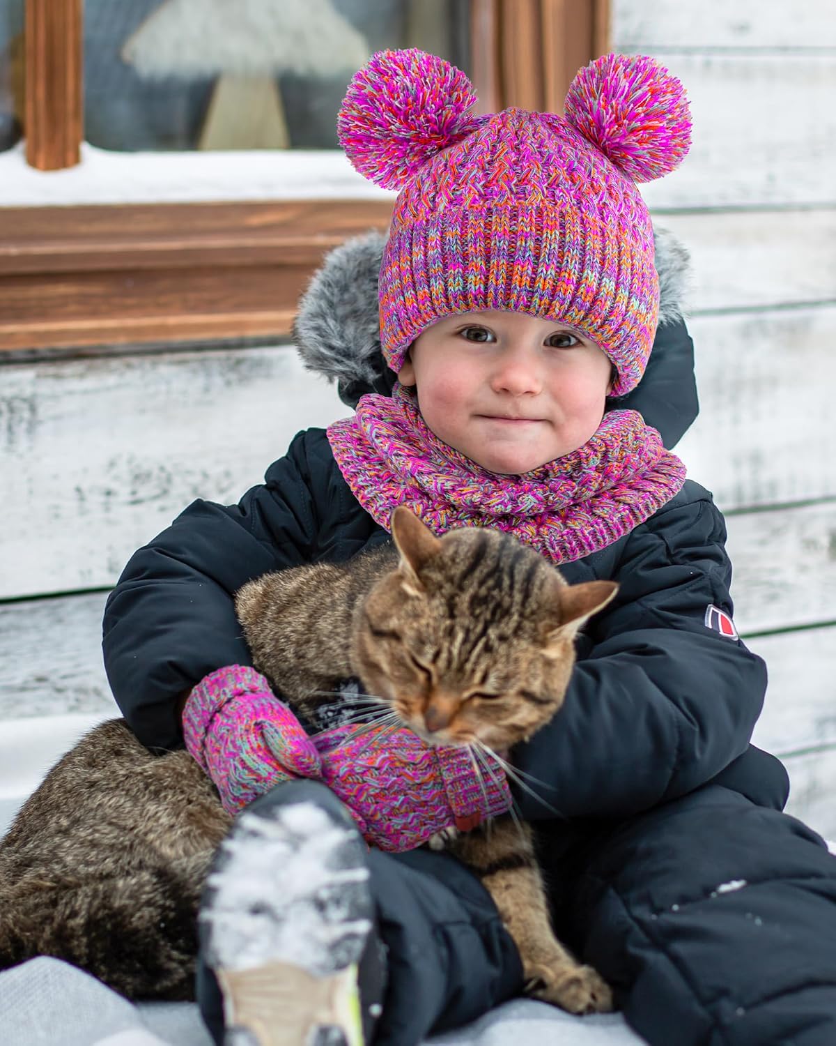 4 Pcs Kids Winter Hat Gloves Scarf Set, Thicken Warm Toddler Beanie Mittens Neck Warmer Set for Boys Girls 3-15