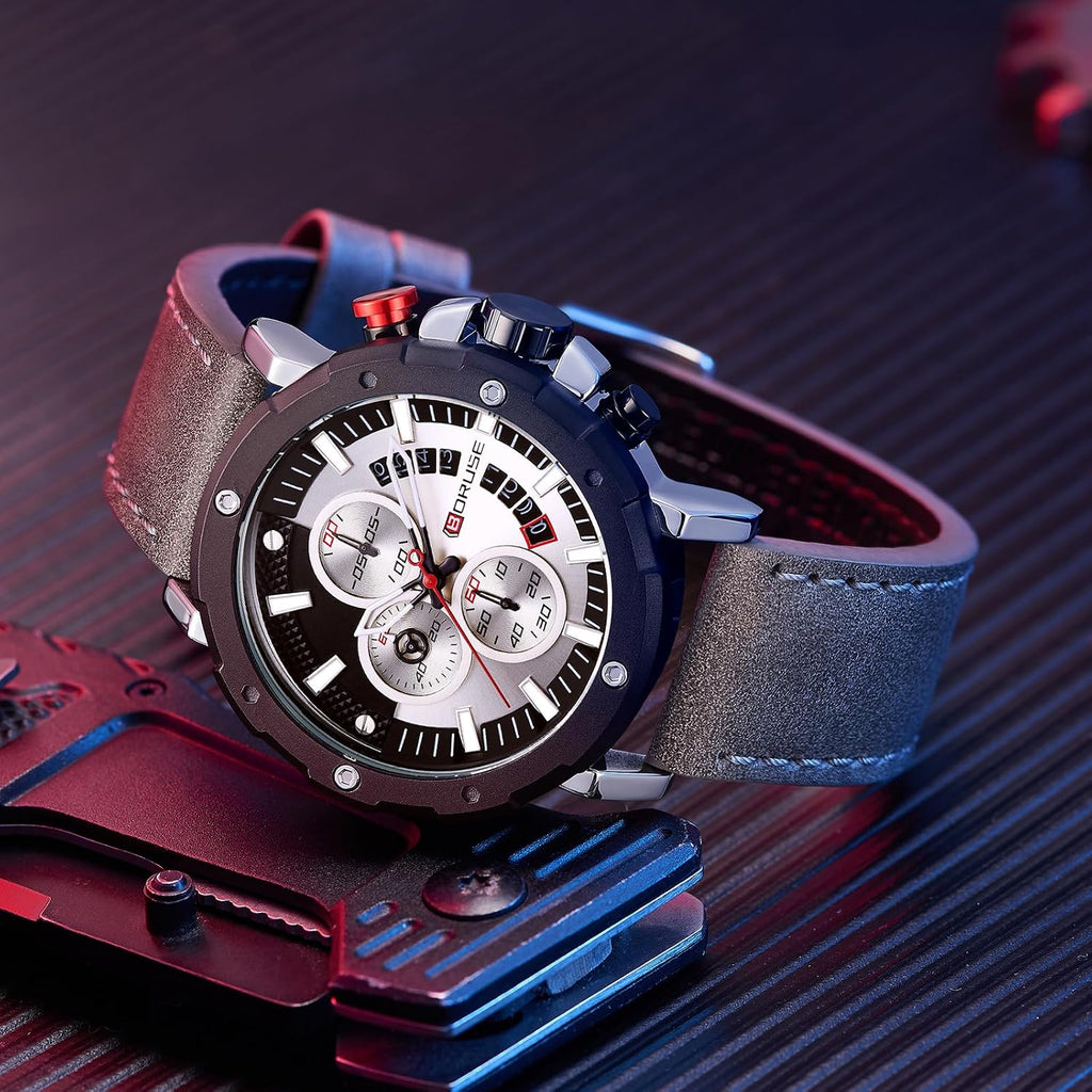 Mens Watches Luxury Chronograph Classic Waterproof Watch Large Face Analog Luminous Fashion Leather Analog Quartz