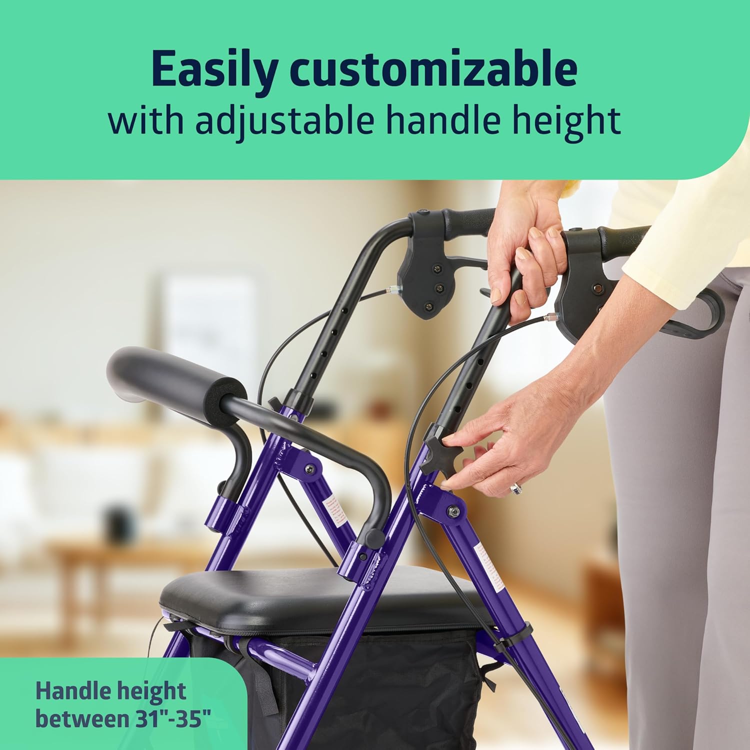 Aluminum Rollator Walker with Seat, Purple, 250 lb. Weight Capacity, Lightweight, 6” Wheels, Foldable, Adjustable