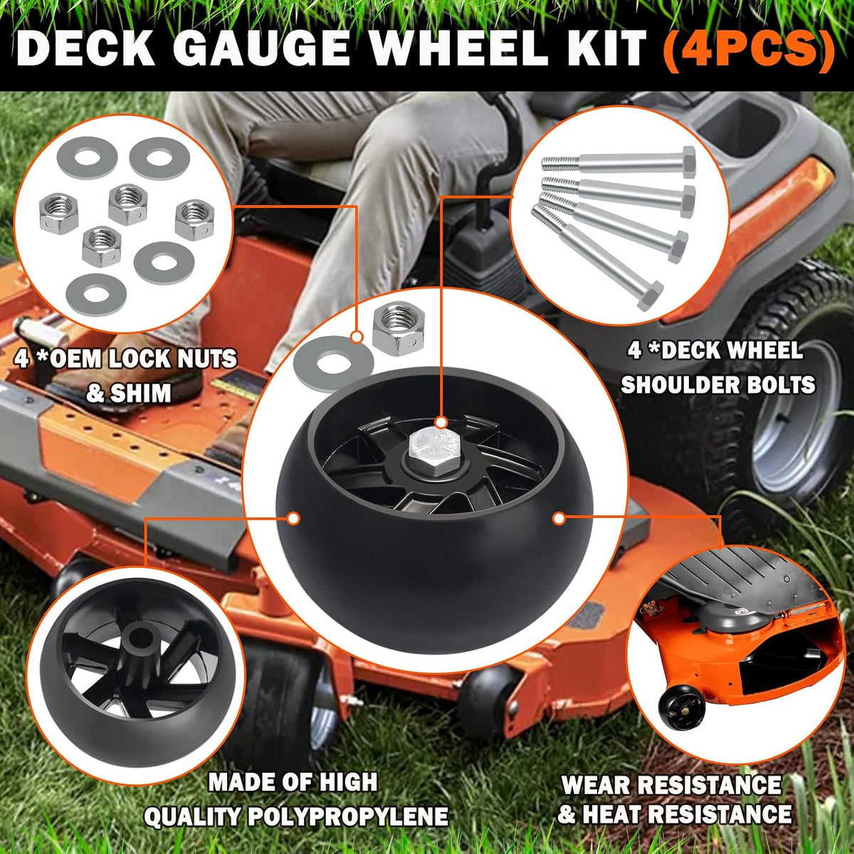 4PCS 753-04856A Lawn Tractors Deck Gauge Wheels with Bolts & Nuts