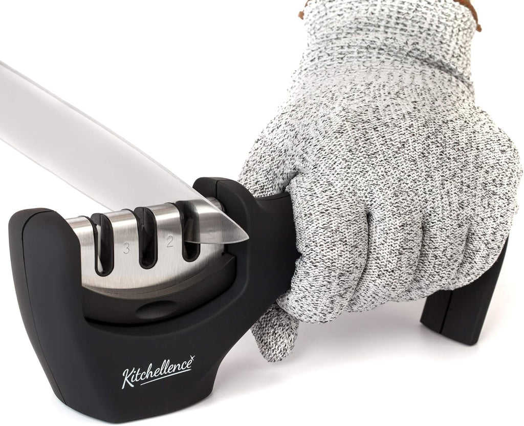 4-in-1 Kitchen Knife Accessories: 3-Stage Knife Sharpener Helps Repair, Restore, Polish Blades and Cut-Resistant