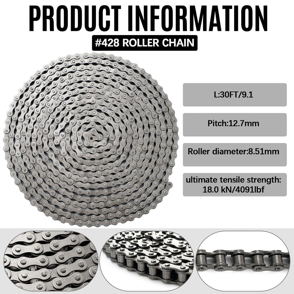 Tandefio #41 30 ft Roller Chain for Gate Openers, Carbon Steel, 2 Links