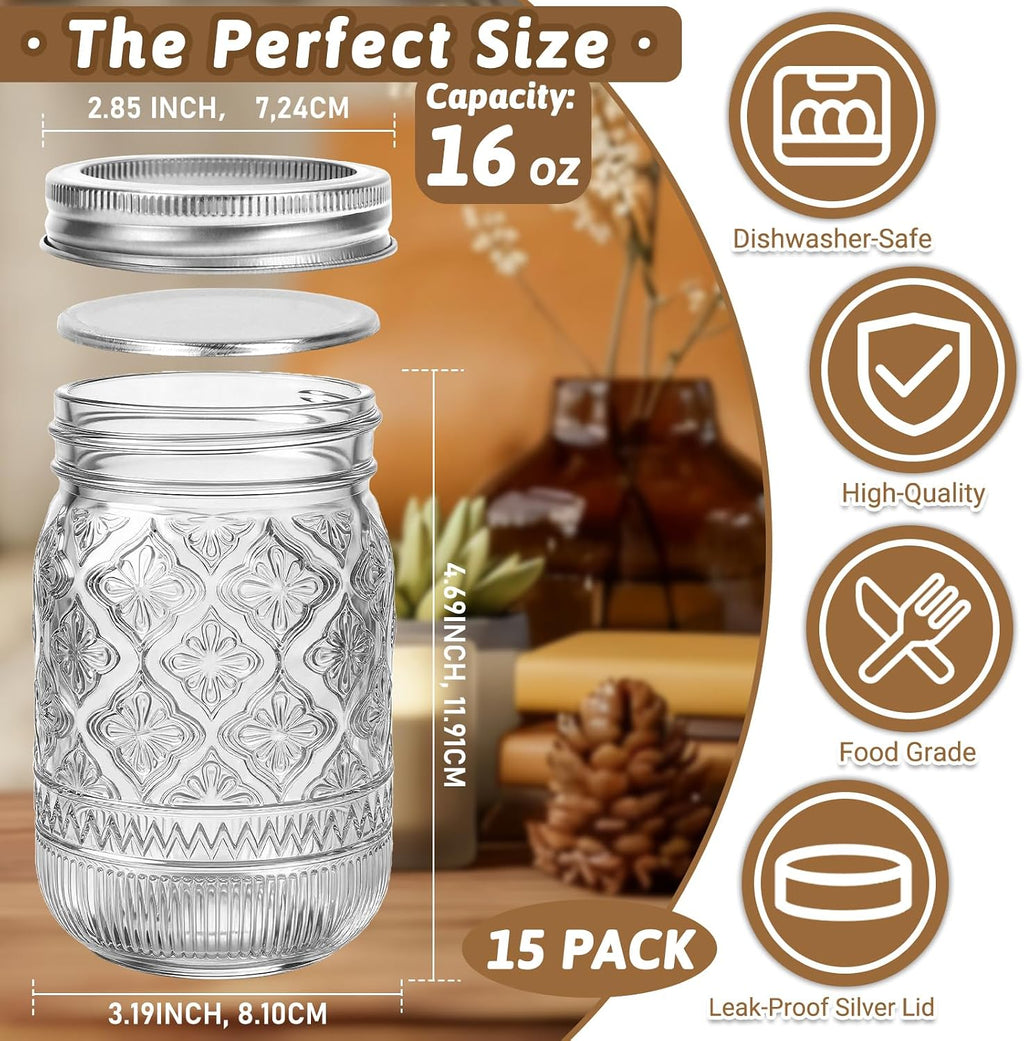 16oz Embossed Mason Jars 15-Pack with Airtight Lids and Bands
