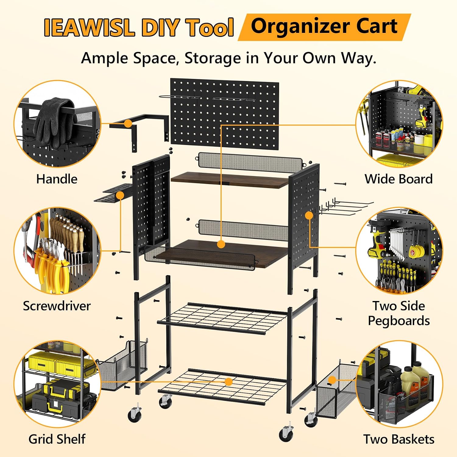 Tool Cart on Wheels, 4-Tier Metal Rolling Utility Cart with Pegboard & Storage Baskets, 242.5 lbs Heavy Duty Tool