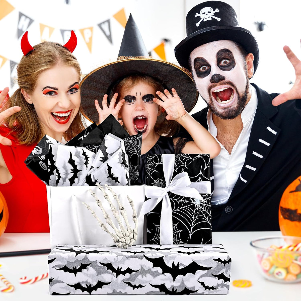 90 Sheets Halloween Tissue Paper Bulks 14 x 20inch Black White Pumpkin Cobweb Bat Gift Wrapping Paper Scary Horror